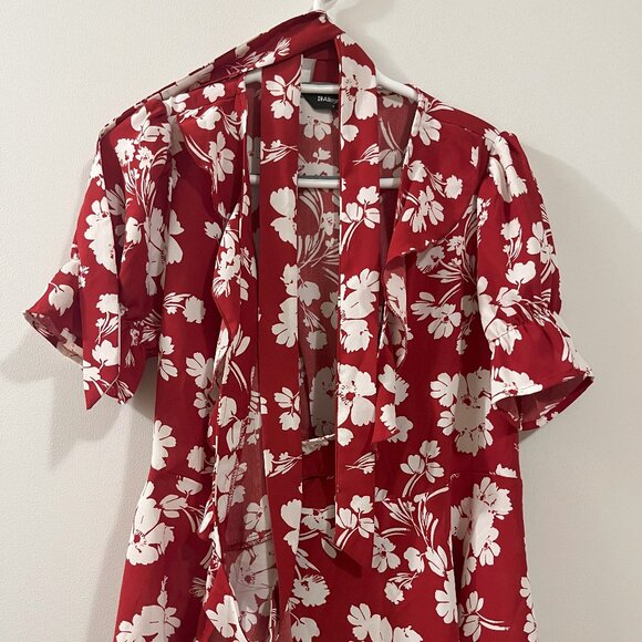 Allegra K Women's Tropical Print Blouse, Small, Red and White Patterned - Picture 2 of 10